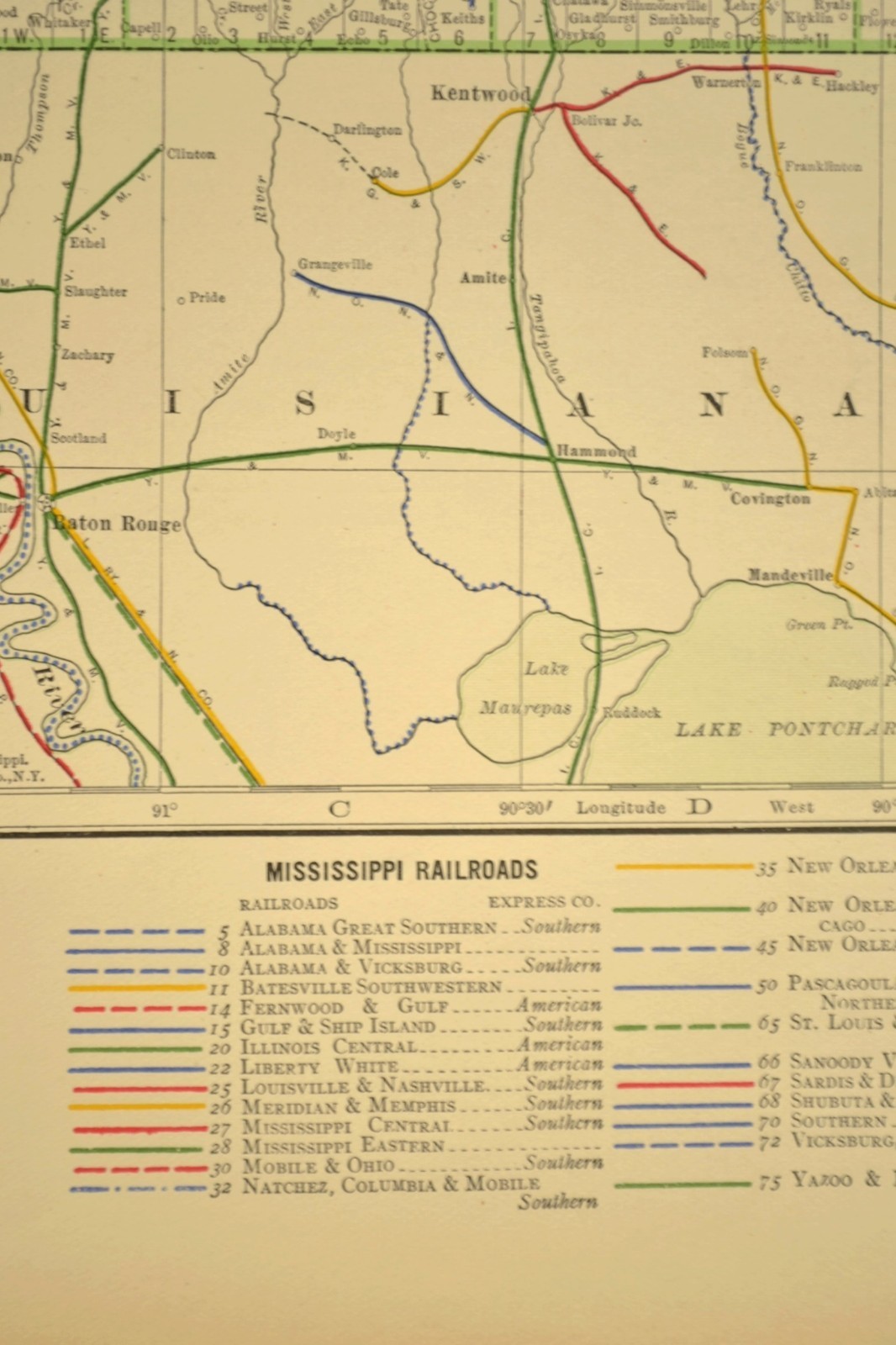 1914 Antique Map of MISSISSIPPI Railroads Map ORIGINAL Atlas Map IC RR DATED
