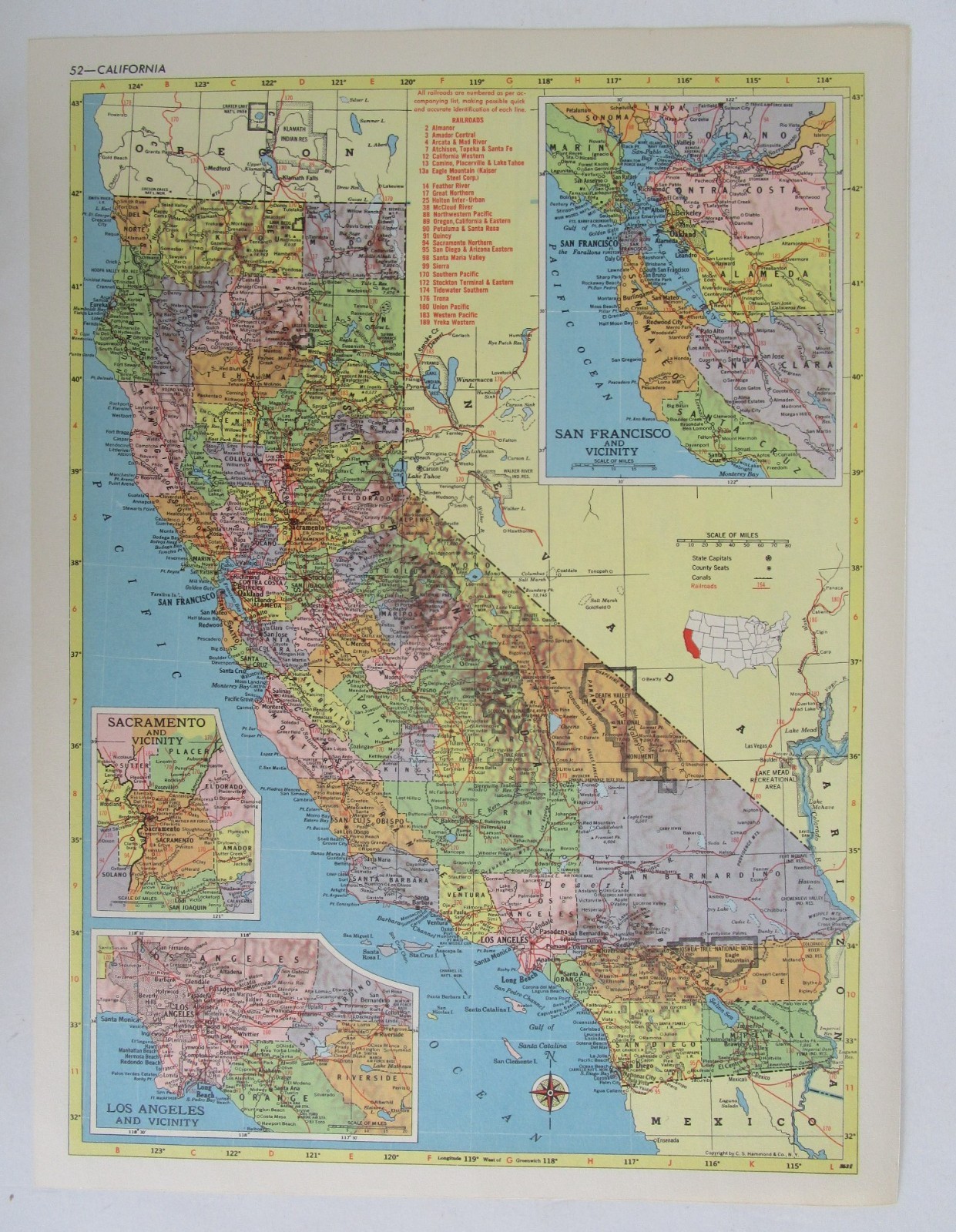 CA AR Vintage 1957 CALIFORNIA RAILROAD MAP. ARKANSAS 1950s ASHLEY DREW NRTH’N RR