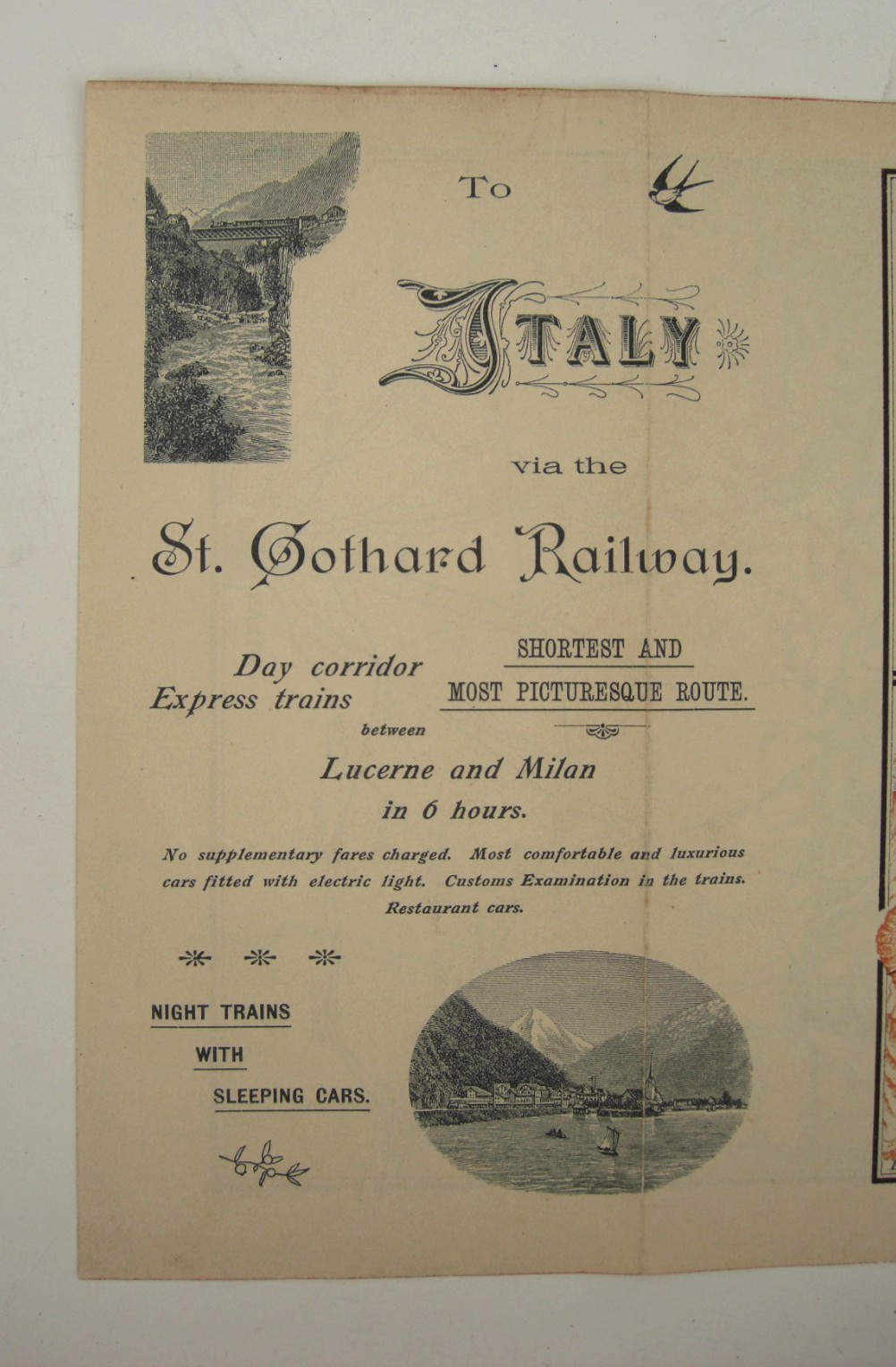 Original Antique Leaflet Map St Gothard Railway Switzerland To Italy c1890/ 1900