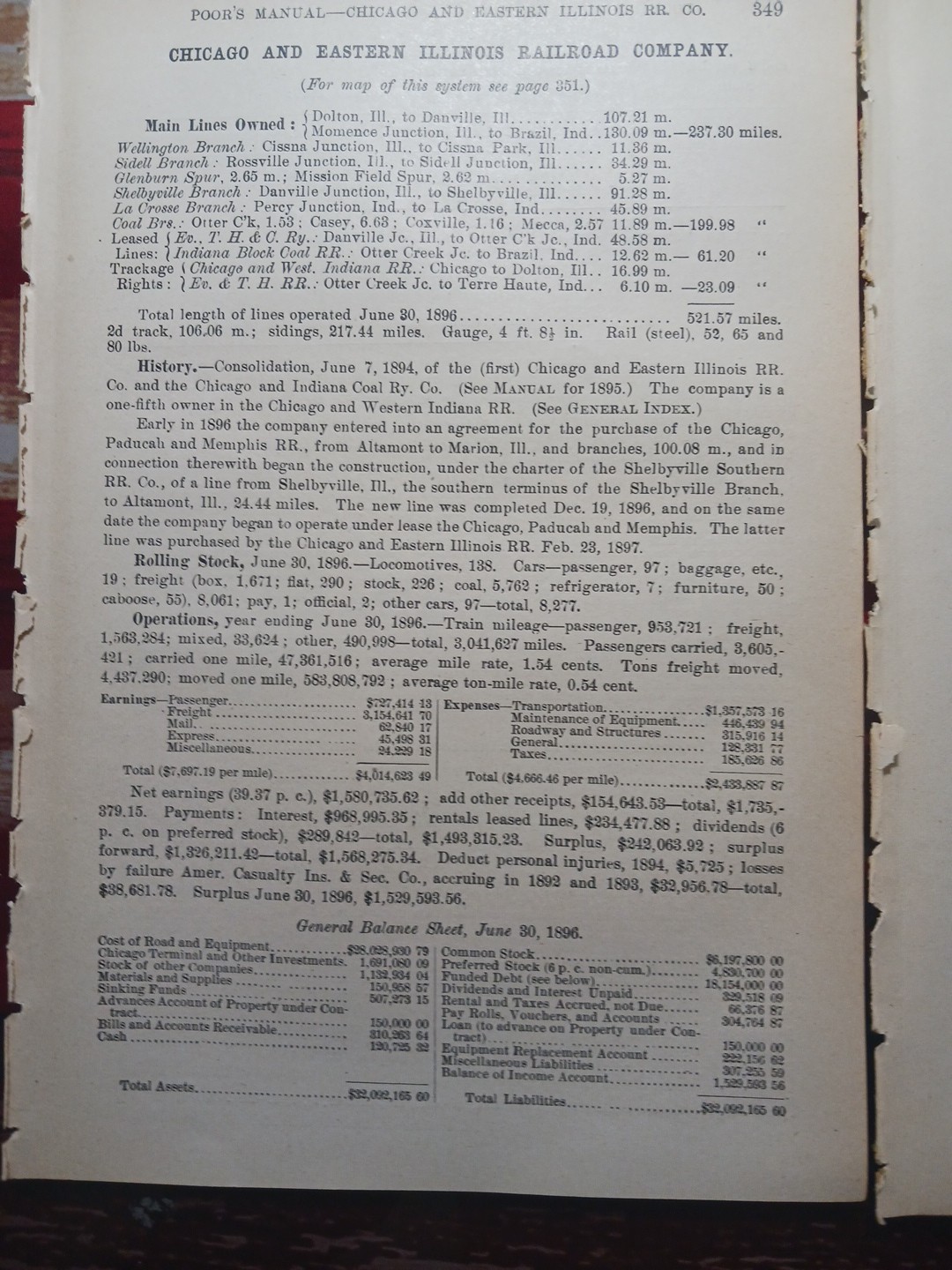 1897 Train Route Map + Report CHICAGO & EASTERN ILLINOIS RAILROAD Coal Fields