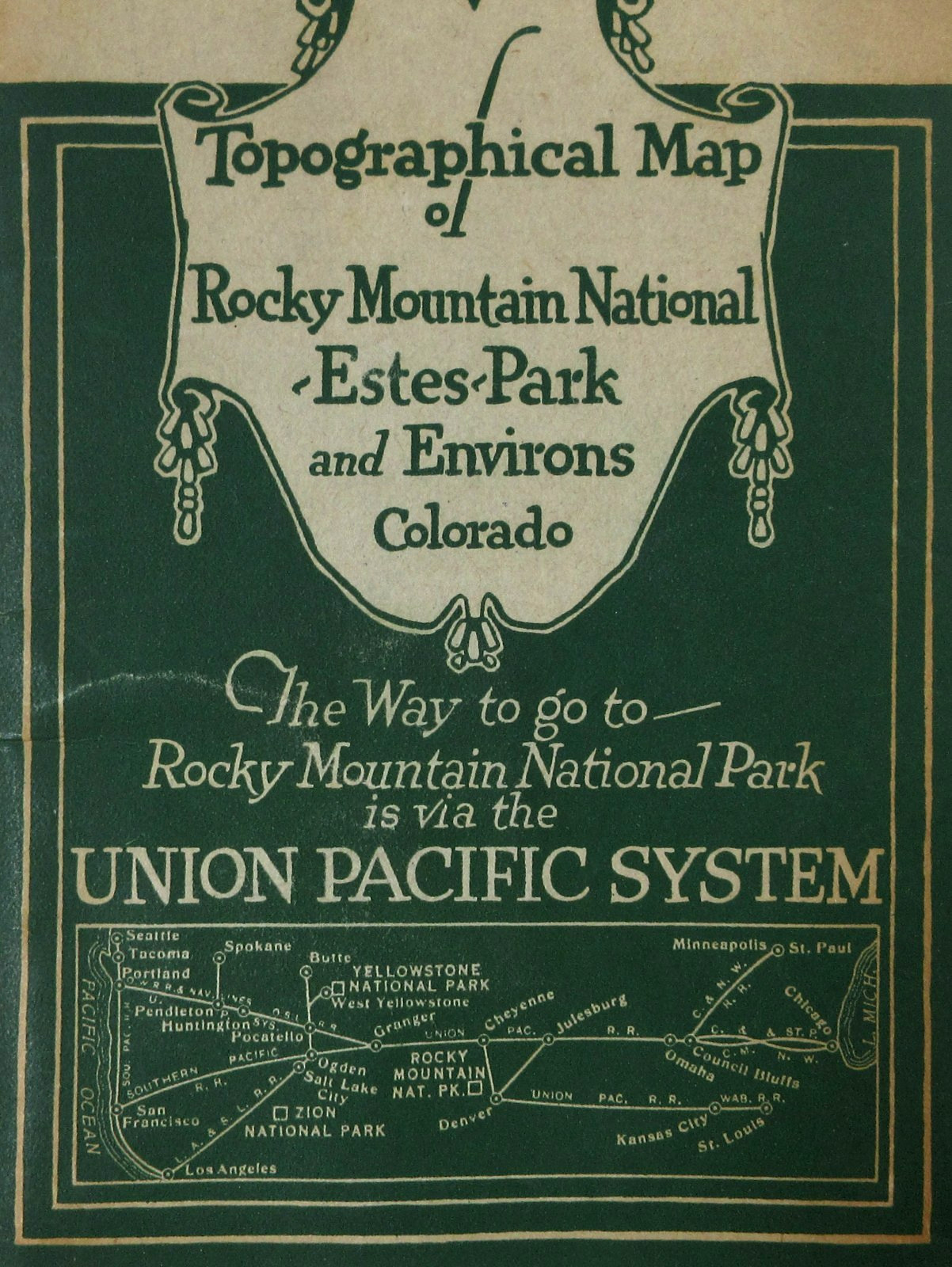 Union Pacific Railroad Topographical Map Colorado Rocky Mountain Estes Park 1921