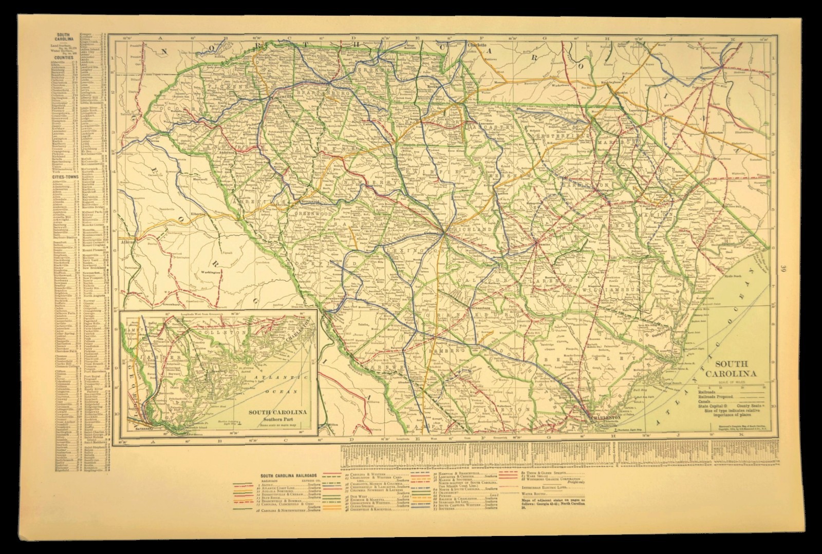 1914 Antique Map of SOUTH CAROLINA Railroads Map ORIGINAL Atlas Map ACL RR DATED