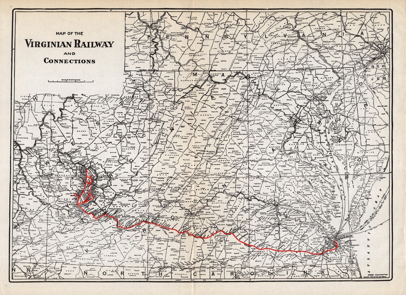 1918 Antique Virginian Railway Map Vintage Virginian Railroad Map 2458