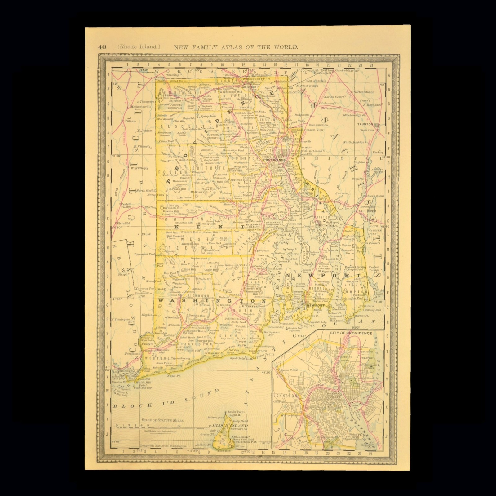 Antique RHODE ISLAND Railroad Map NYP&B RR Old Colony RR NY&NE Railroad