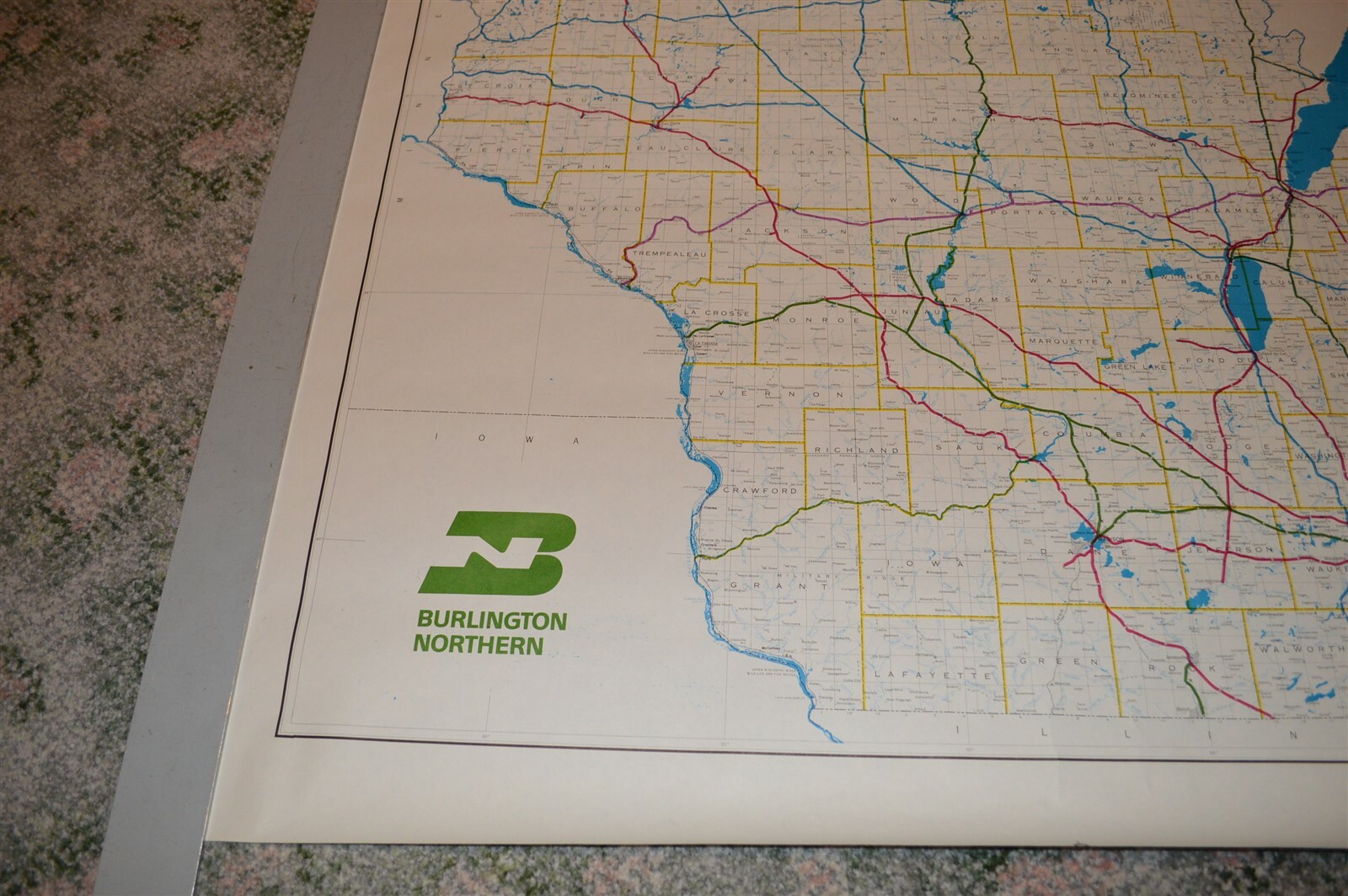 Large 1973 Burlington Northern Railroad Wisconsin Map Poster NO FOLDS