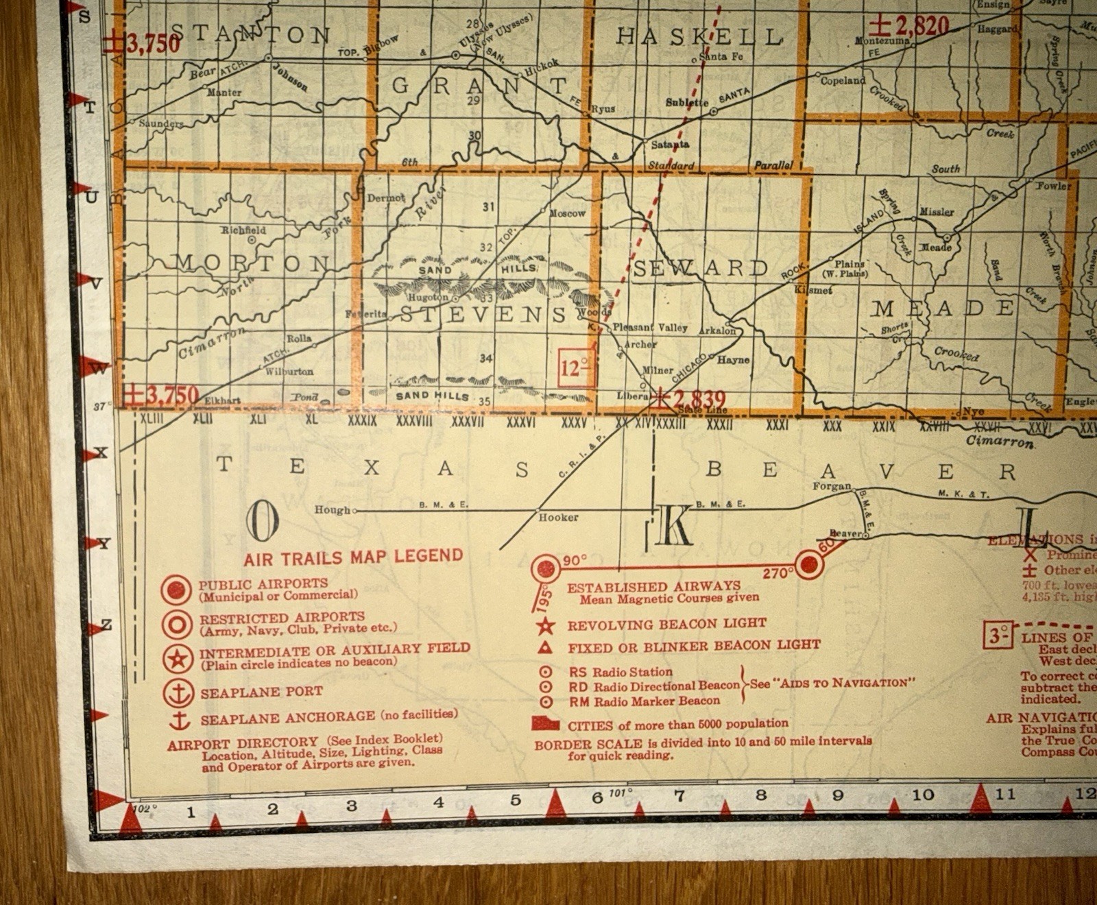 C.1920’s Era Rand McNally Map Of Kansas Air Trails & Railroads 2 Sided Very Rare
