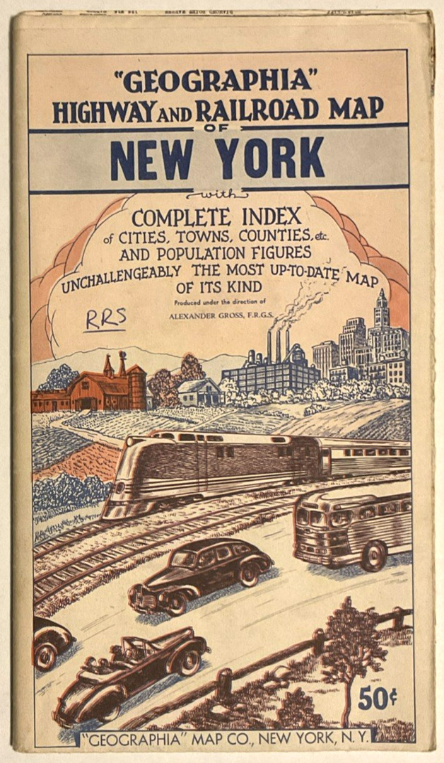 Vintage 1950s Geographia Highway & Railroad Map New York NY Alexander Gross