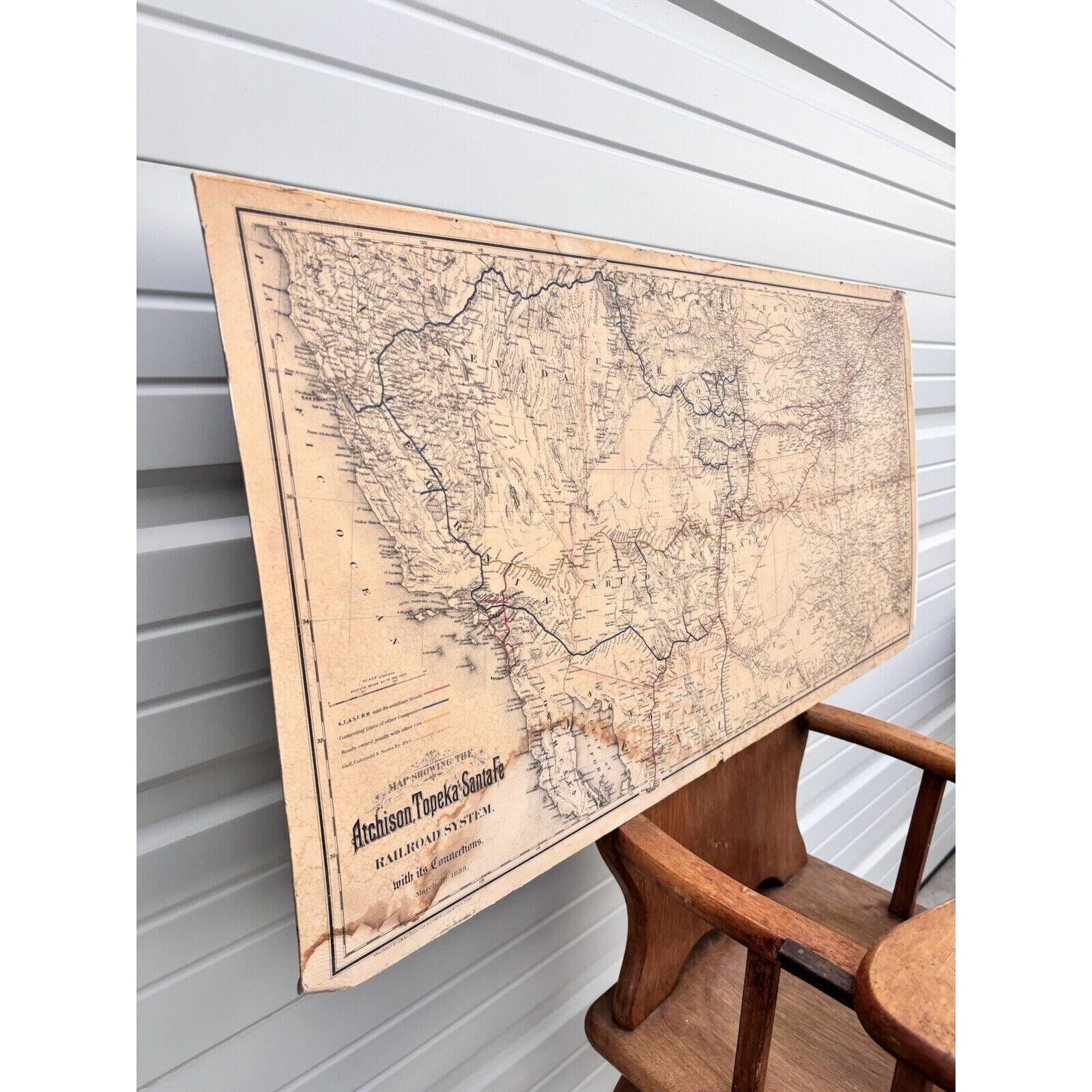 RARE 1888 Antique LARGE Wall Hang Atchison, Topeka, Santa Fe Railroad System Map