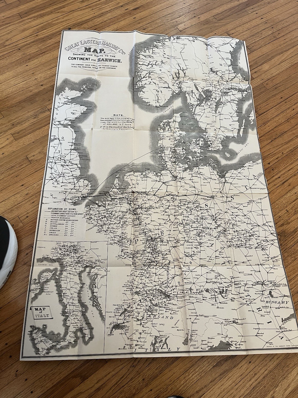 Vintage antique great eastern railway Co. Map Berlin Amsterdam Holland, Germany.