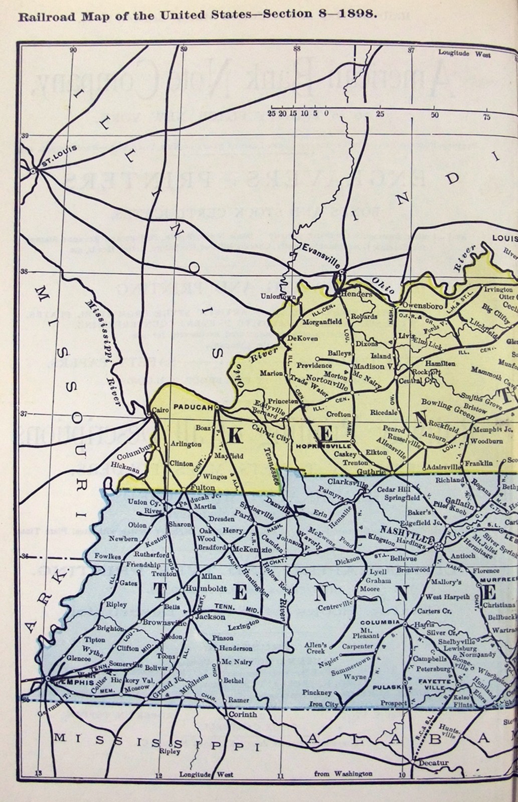 Original 1898 Railroad Map of Kentucky & Tennessee. Antique