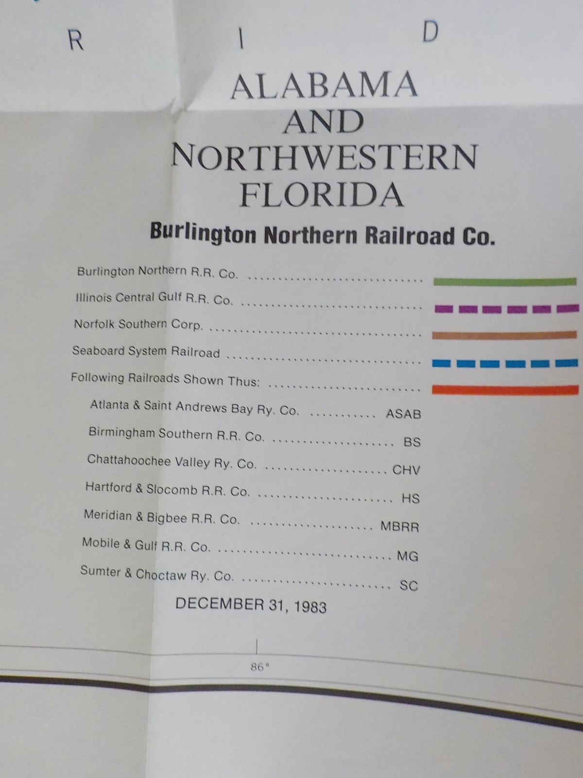 Map Burlington Northern Alabama State Railroad Map 1983 August