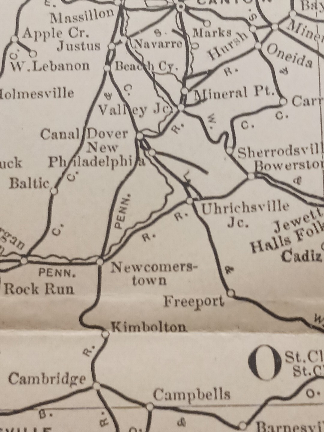 1902 Train Route Map OHIO All Railroad Lines Stations Towns 11×9″ Dated ORIGINAL