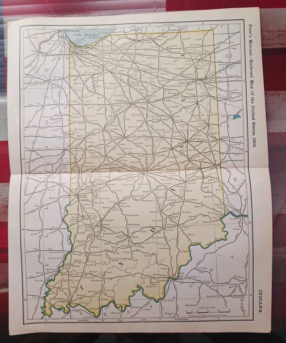 1905 Dated Train Route Map of INDIANA all Railroad Lines 11″x9″ FREE SHIPPING