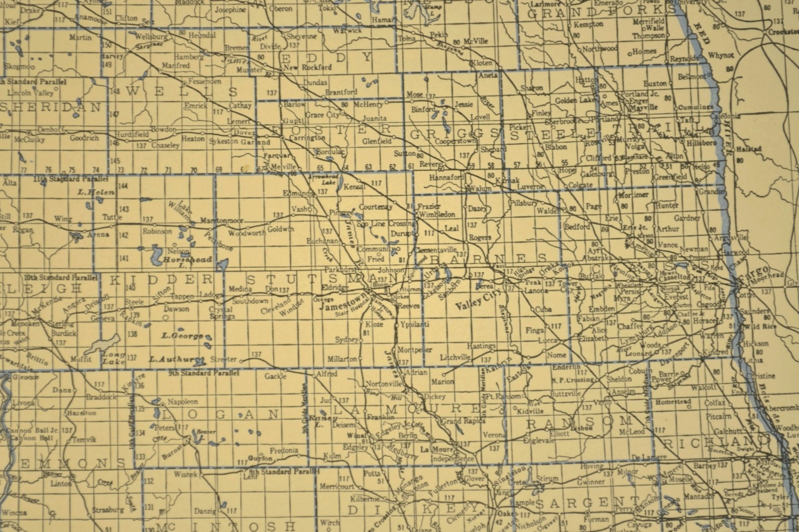 Vintage NORTH DAKOTA Railroad Map Depot Towns Grand Forks GN RR Antique ca 1930