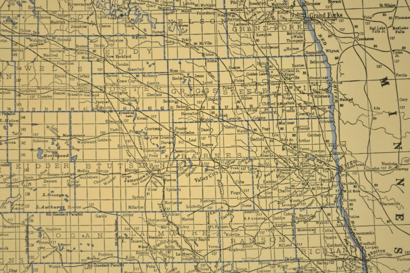 Vintage NORTH DAKOTA Railroad Map Depot Towns Grand Forks GN RR Antique ca 1930