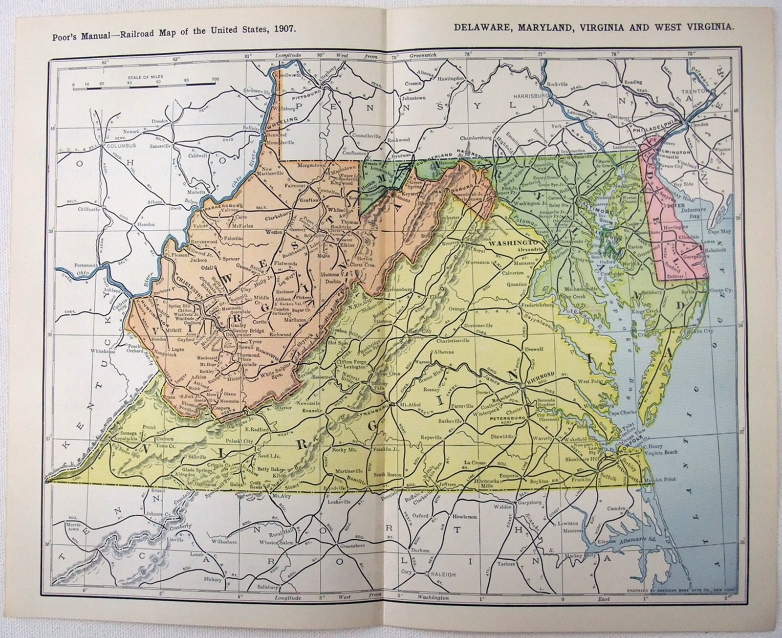 Maryland Delaware Virginia ^& W Va – Original 1907 Railroad Map. Antique