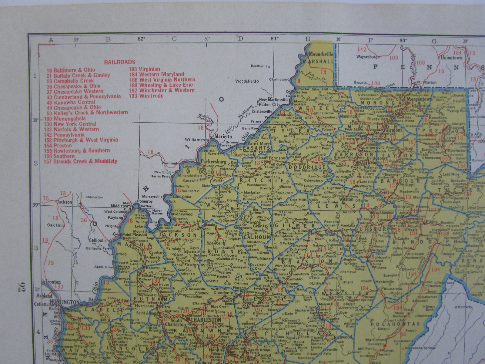 WV WA Vtg 1945 WEST VIRGINIA RAILROAD Map ROWLESBURG & SOUTHERN RR or WASHINGTON