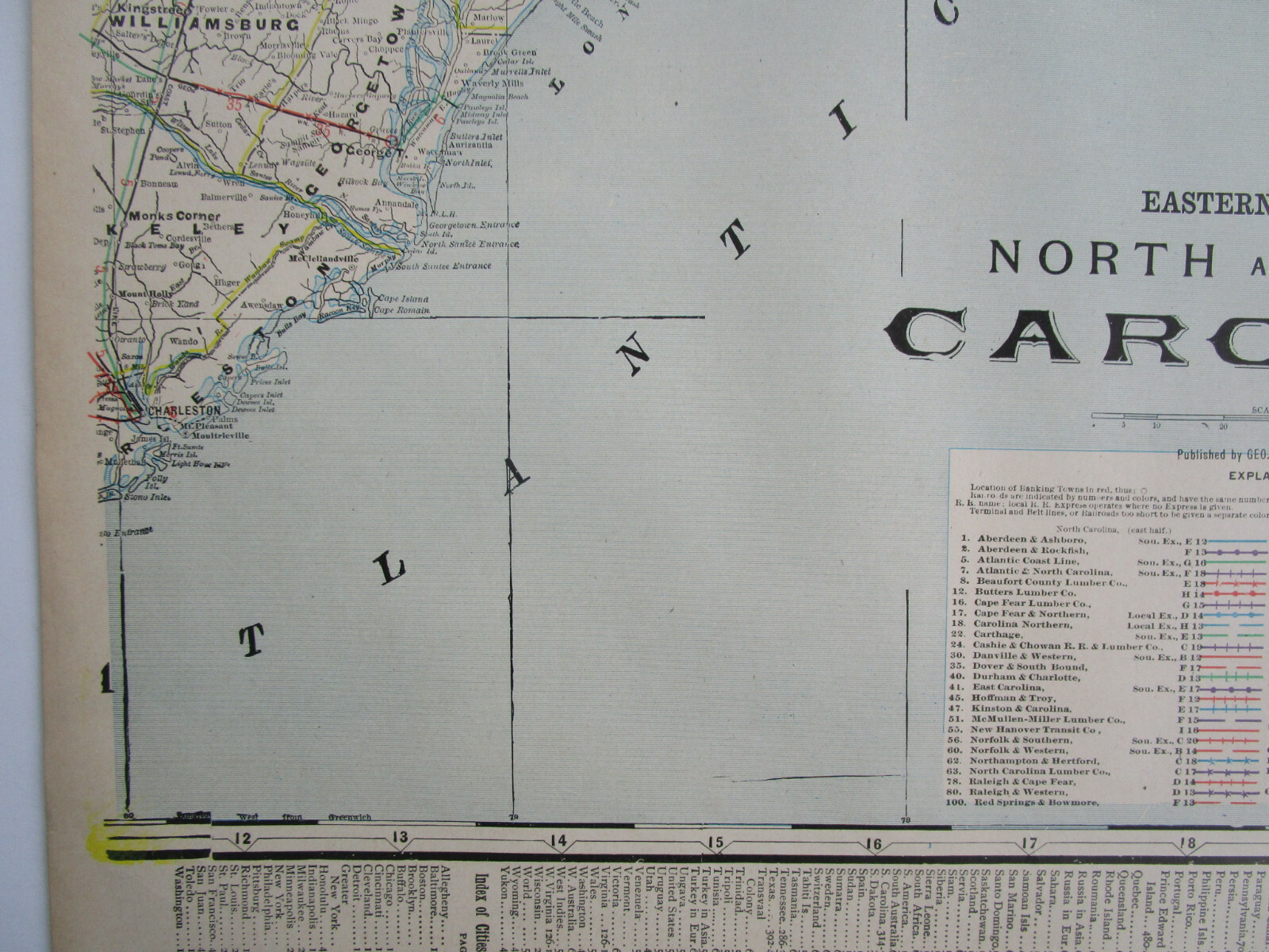 NC SC 1903 EASTERN NORTH / SOUTH CAROLINA Cram INTERURBAN + STEAM RAILROADs Map.