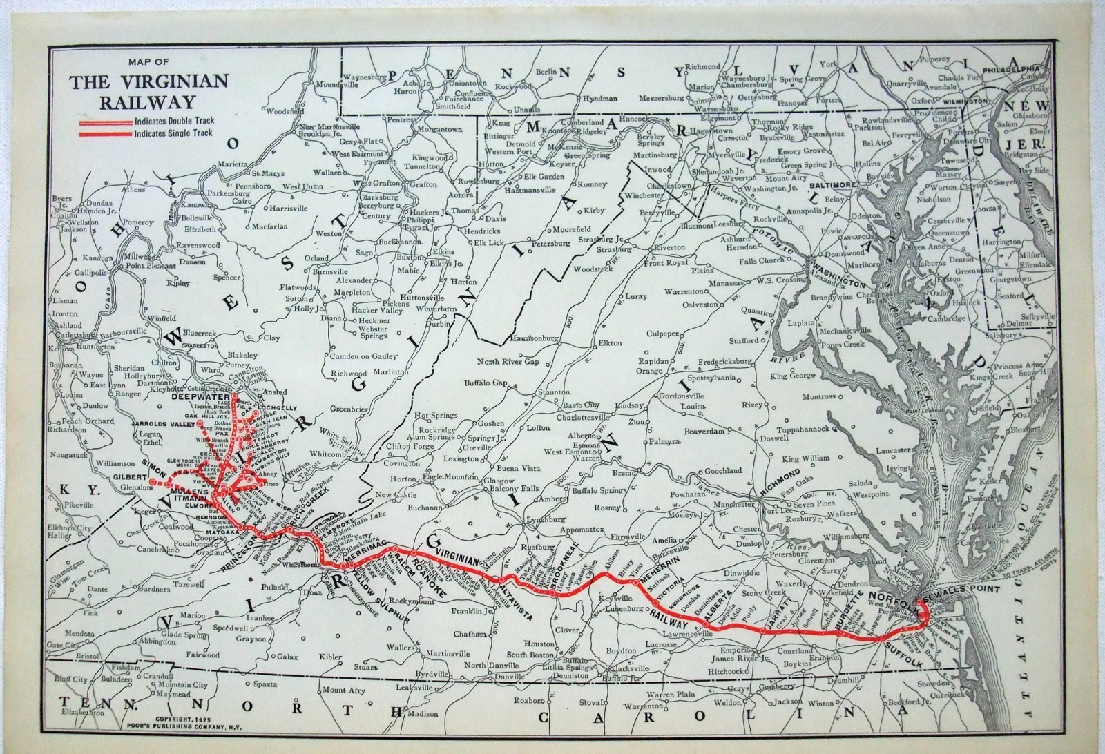Virginian Railway – Original 1925 System Map by Poor’s Publishing Company