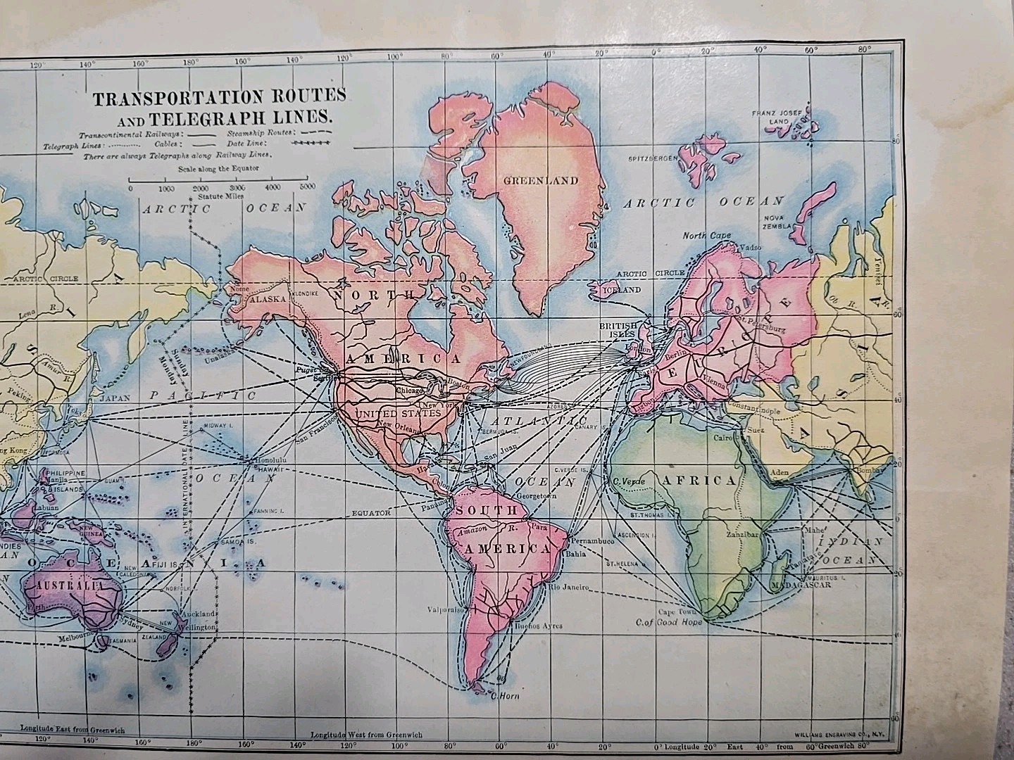 1914 Transportation Routes & Telegraph Lines World Map Color Book Plate