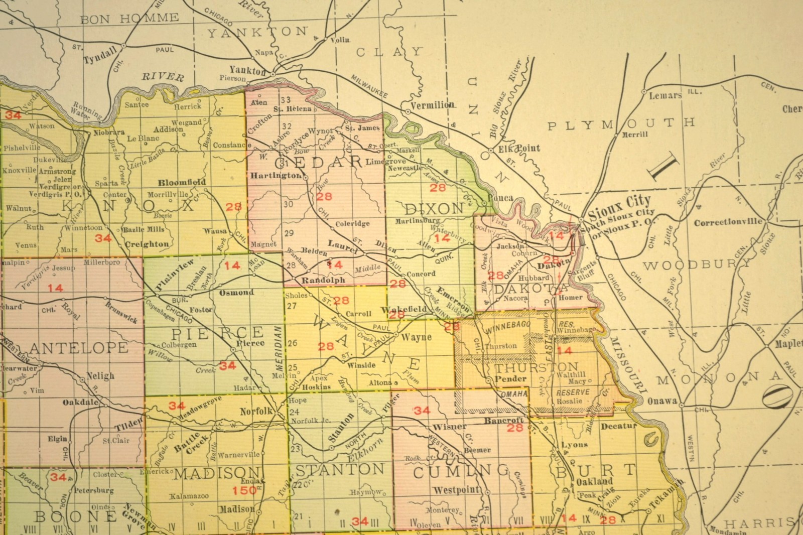 1911 Antique Nebraska Railroad Map ORIGINAL Atlas Map CBQ RR Union Pacific DATED