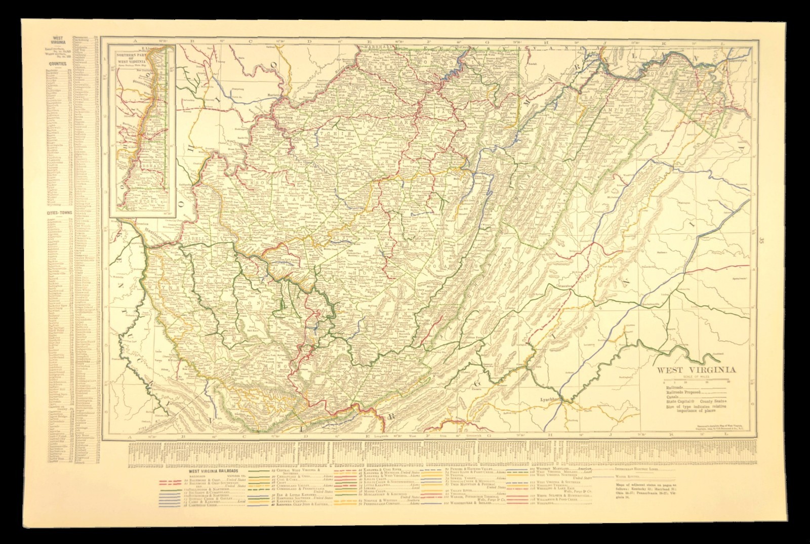 1914 Antique Map of WEST VIRGINIA Railroads Map ORIGINAL Atlas Map B&O RR DATED