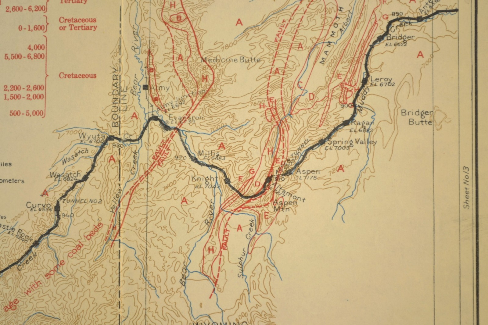 Antique Union Pacific Railroad Map Evanston Wyoming Aspen WY Devils Slide