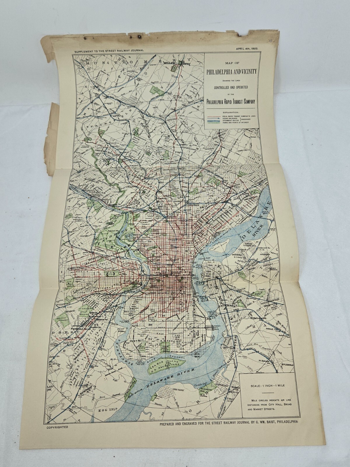 ANTIQUE 1903 MAP OF PHILADELPHIA & VICINITY BY PHILA RAPID TRANSIT COMPANY
