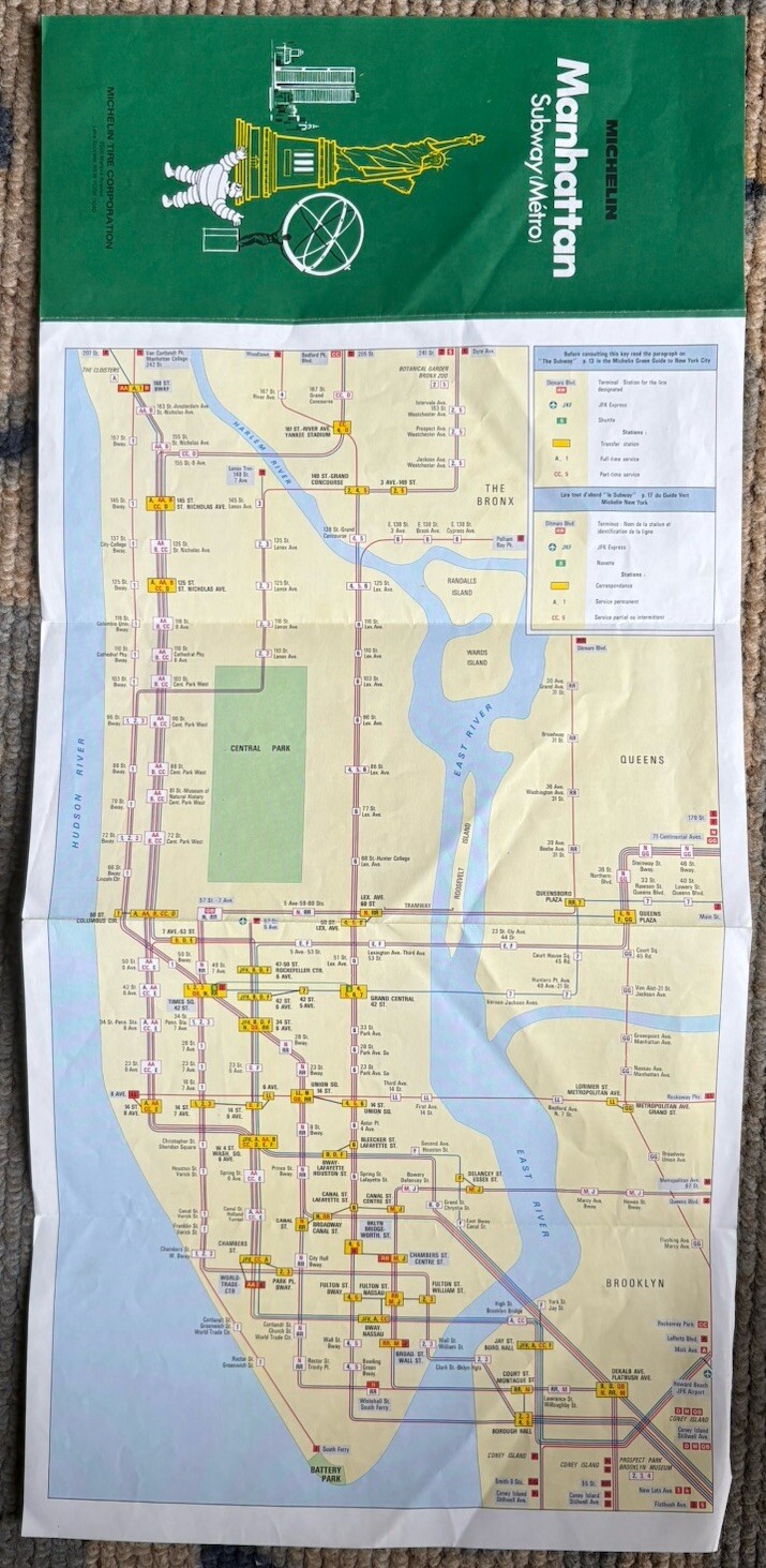 Manhattan New York City Subway And Route Bus Map by Michelin 1985