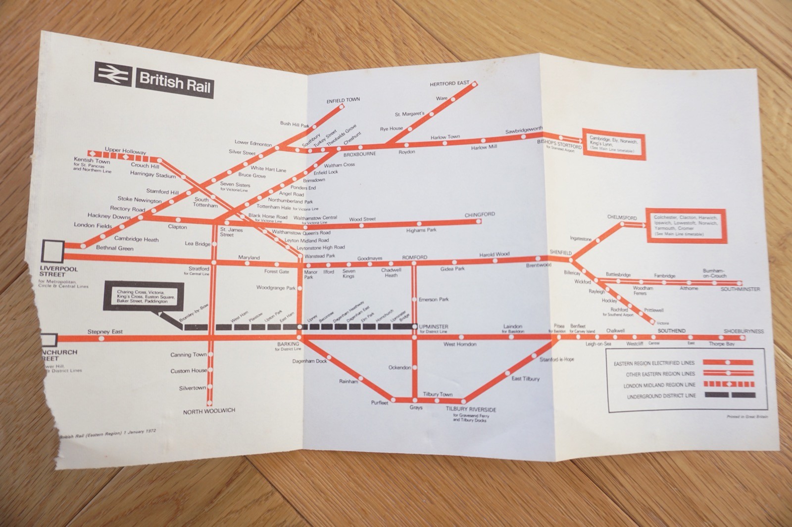 1972 Eastern Region British Rail Railway Map Liverpool & Fenchurch Street