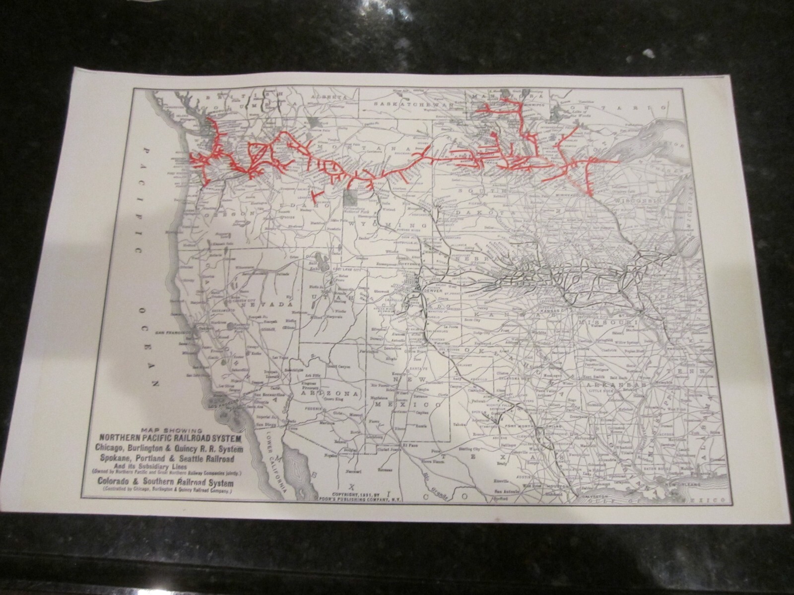 1931 MAP OF THE NORTHERN PACIFIC RAILROAD SYSTEM – 17″ X 11″ – HEAVY STOCK PAPER