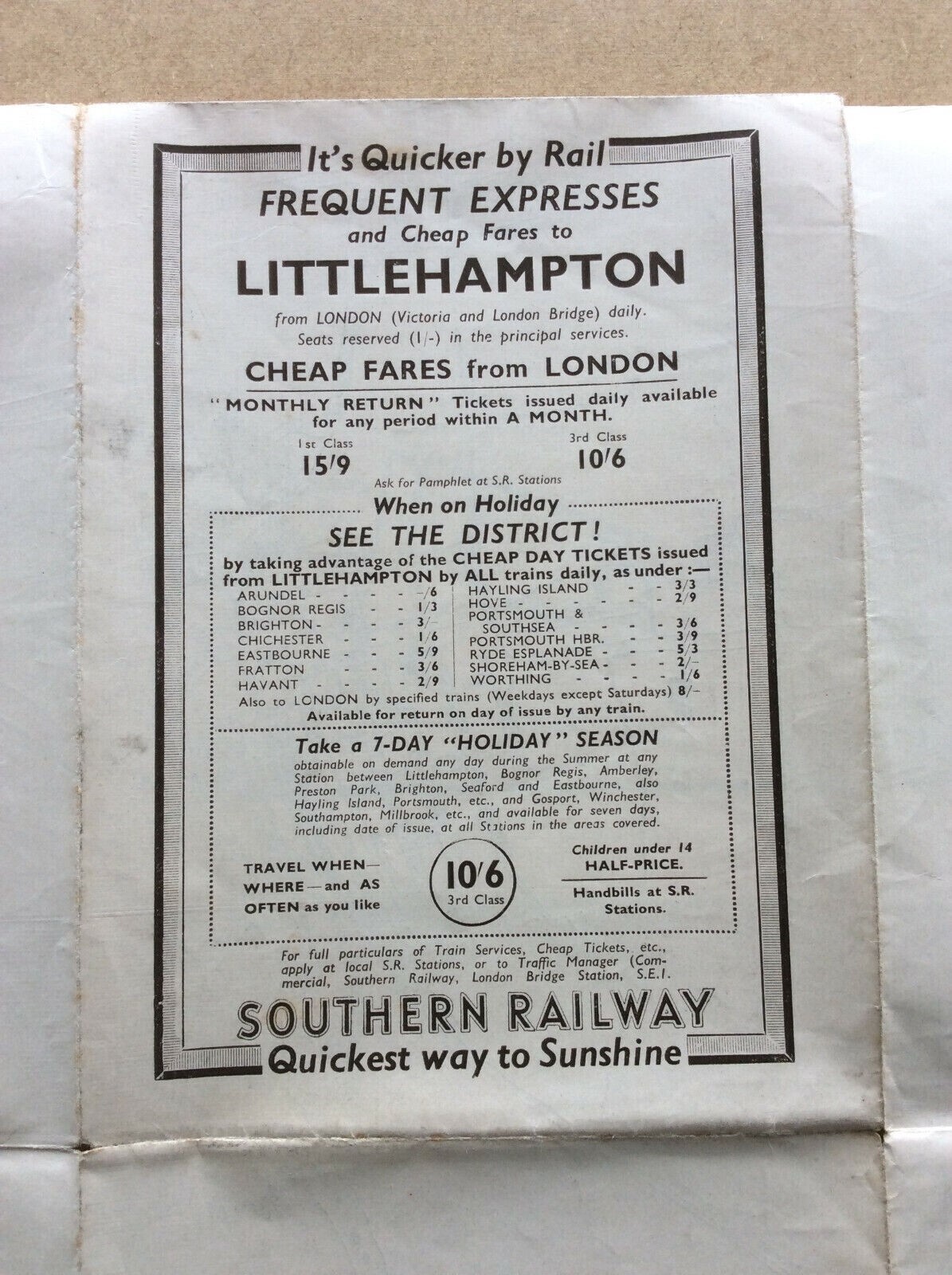 Vintage Littlehampton Map, Southern Railway Advert, West Sussex, 1950s?