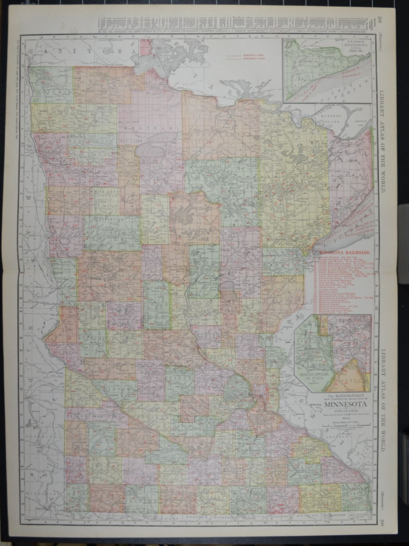 MINNESOTA – 1912 – RAND-McNALLY NEW COMMERCIAL ATLAS – SHOWS RAILROADS