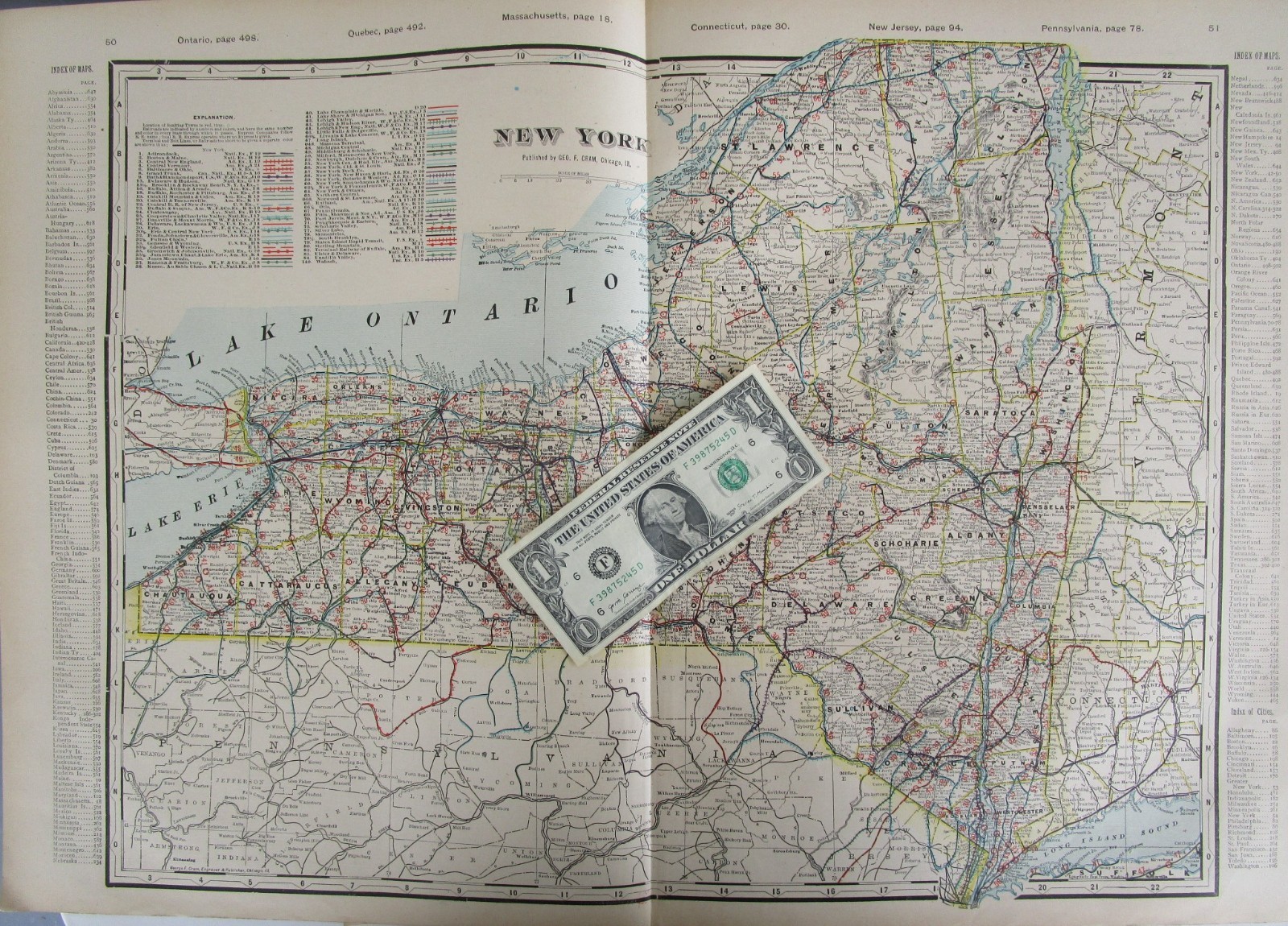 NY 1903 NEW YORK FULL STATE Cram RAILROAD Map. COOPERSTOWN & CHARLOTE VALLEY RR