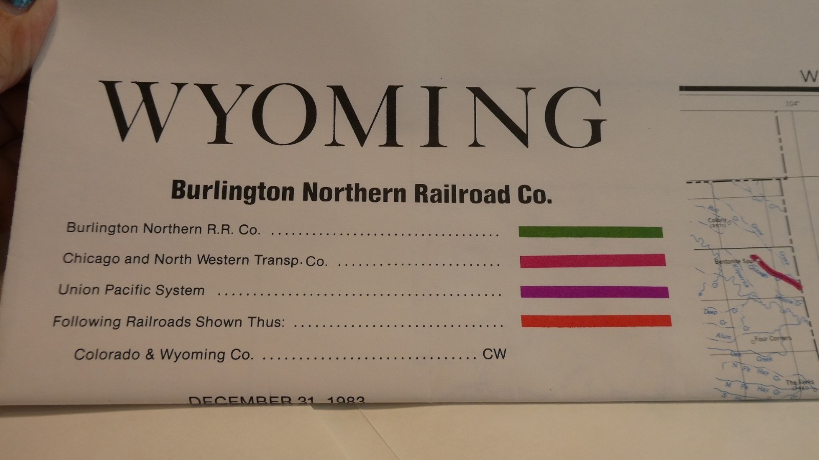 Railroad Map Burlington Northern Wyoming 1983