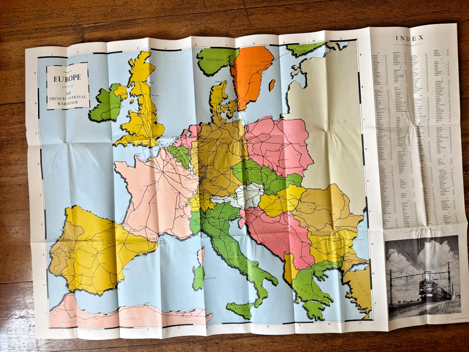 1953 Railroad Map of Europe from Paris via the French National Railroad