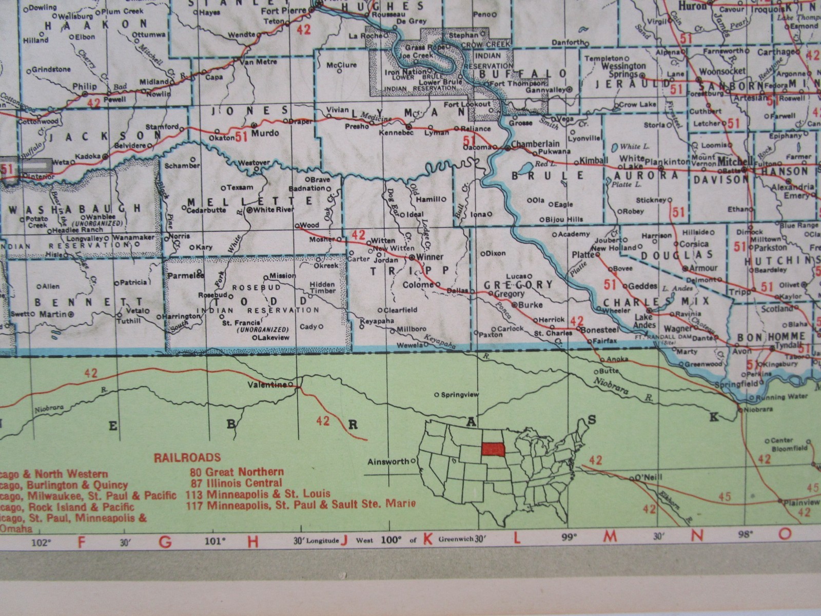 SD TN Vtg 1950 SOUTH DAKOTA RAILROAD Map. CB&Q, C&NW, SOO, GN, IC or TENNESSEE