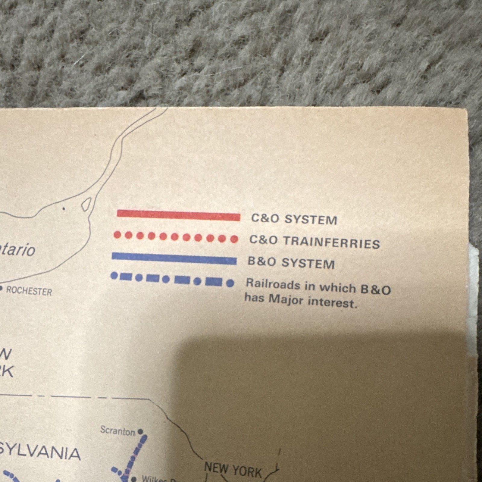 B&O Railroad / C&O System Route Map Print, Eastern U.S., Trainferries, 1963
