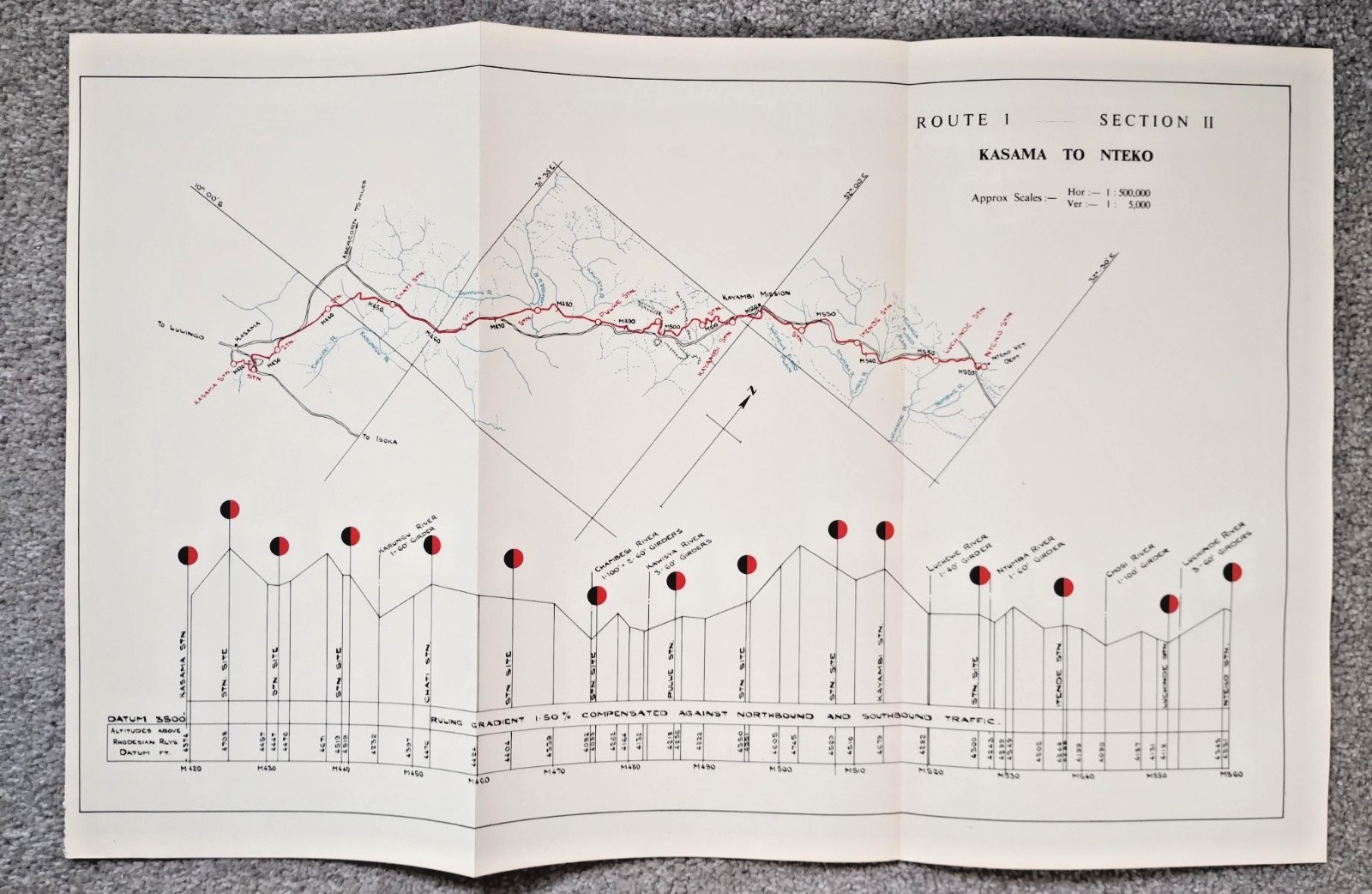 1952 Original East African Railways Map of Route: Kasama to Nteko (Zambia)