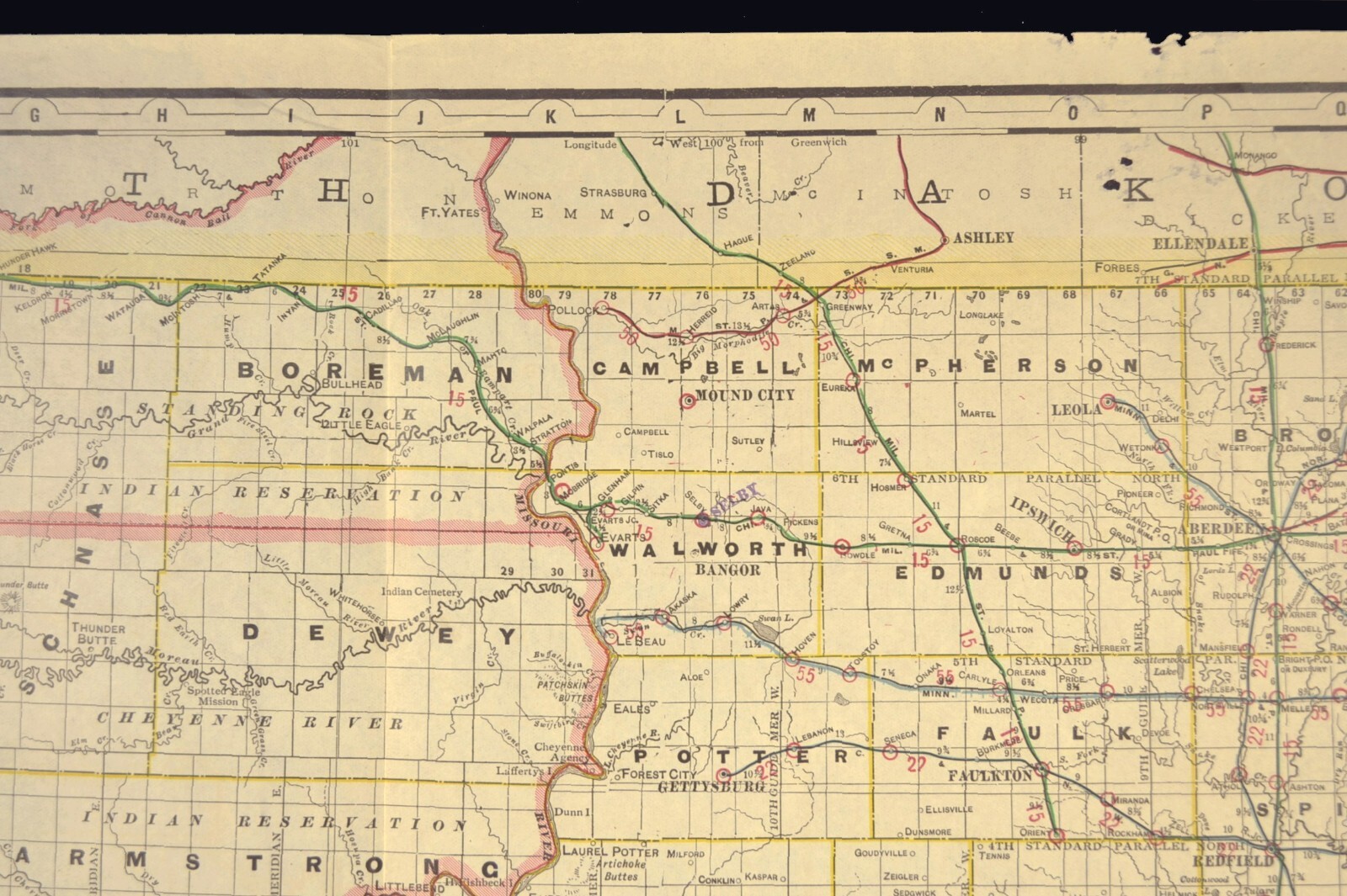 ca 1905 South Dakota Railroad Map Yankton & Western RR Wyoming & Missouri River
