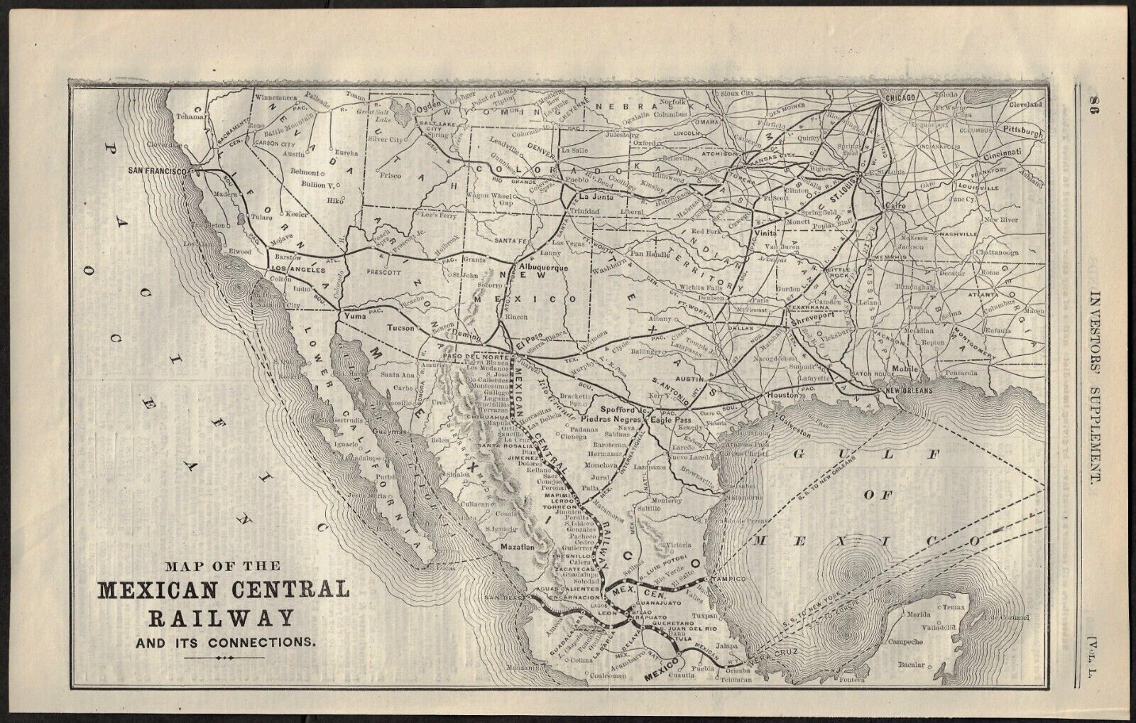 1890 MAP OF THE MEXICAN CENTRAL RAILWAY AND ITS CONNECTIONS