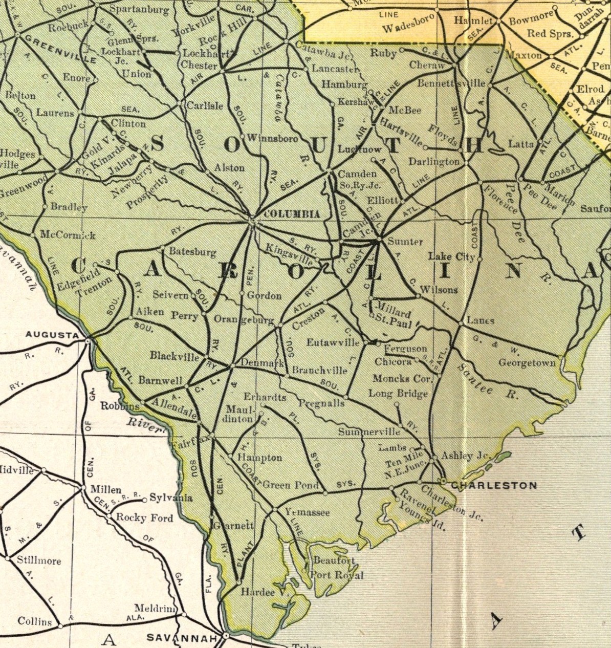 1902 Antique North Carolina South Carolina Railroad Map Railway Map 2904