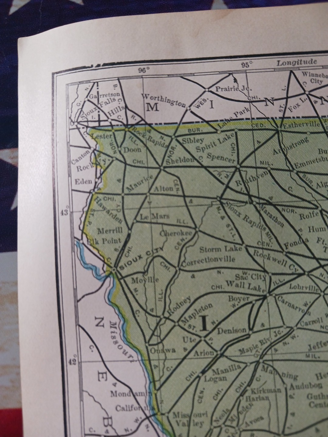 1905 Train Route Map IOWA & MISSOURI all Railroad Lines marked 11″x9″ Stations