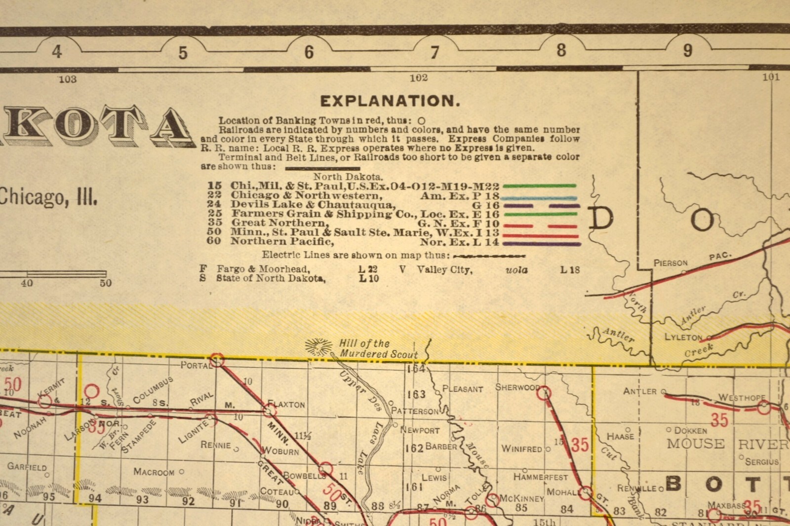 ca 1905 North Dakota Railroad Map Minnesota St Paul & Sault Ste Marie RR