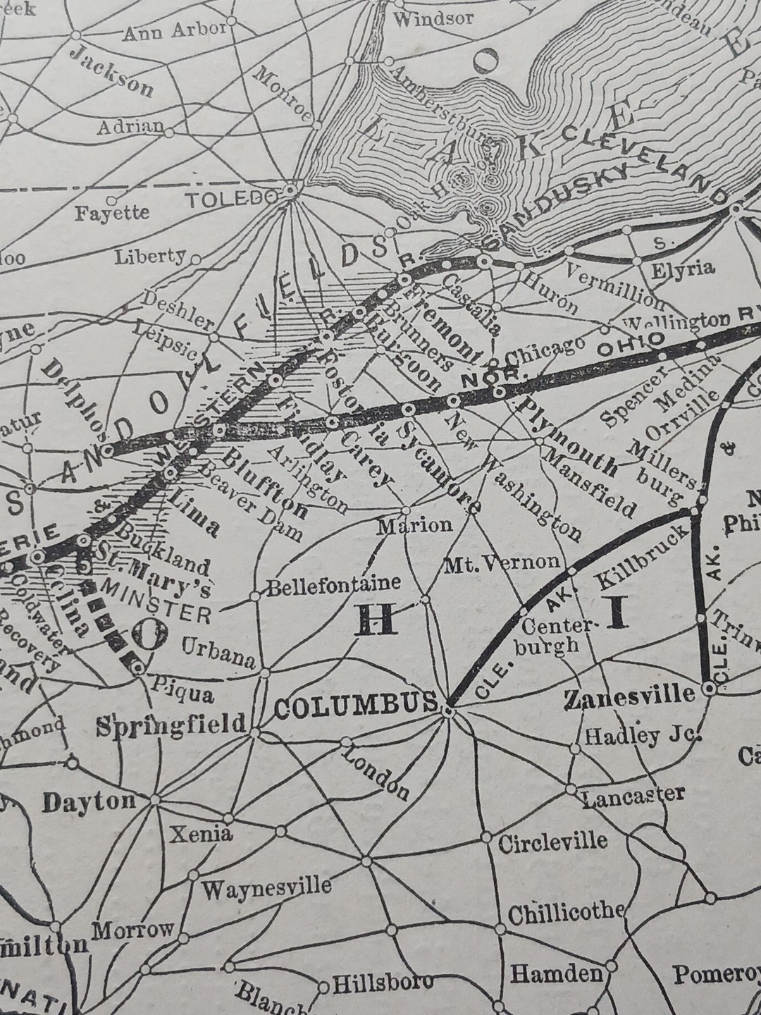 1897 Train Route Map LAKE ERIE & WESTERN RAILROAD with Gas & Oil Fields Marked