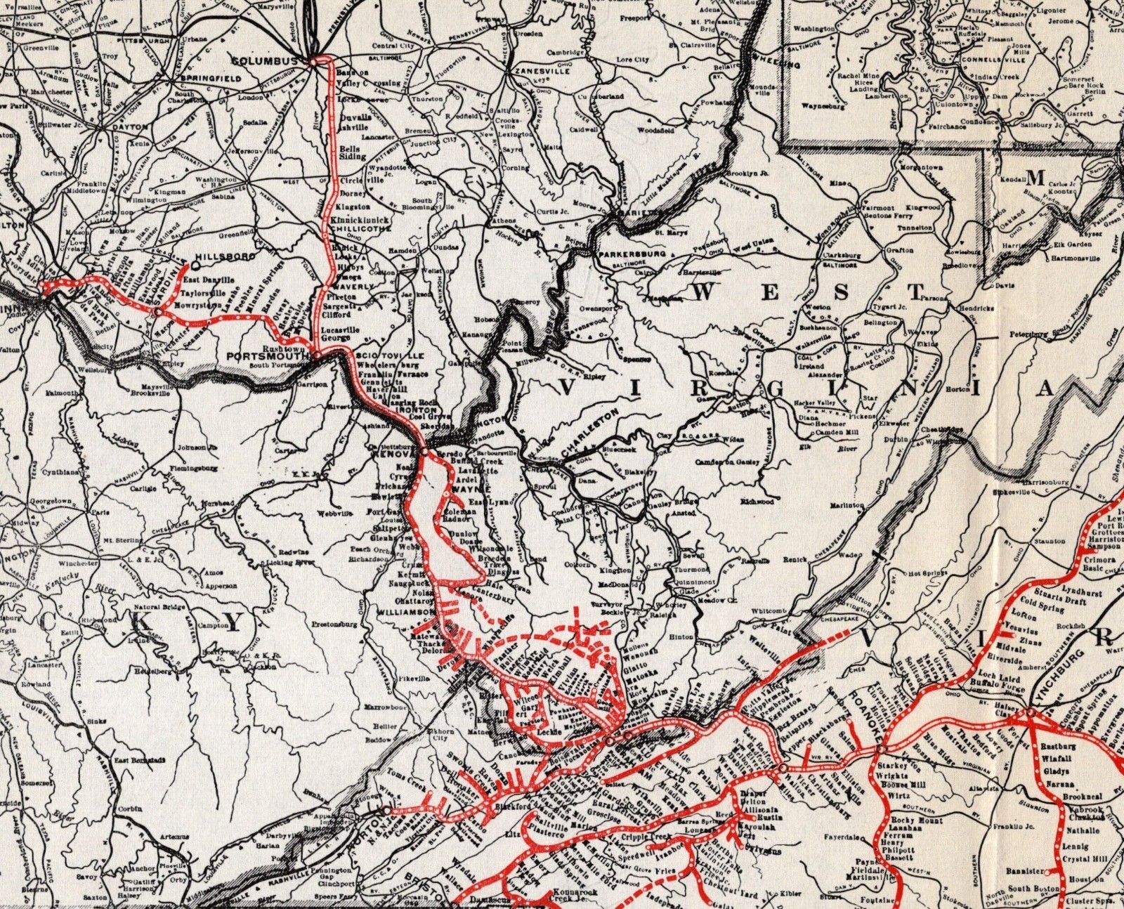 1920 Antique Norfolk & Western Railway Map Vintage Railroad Map 2456