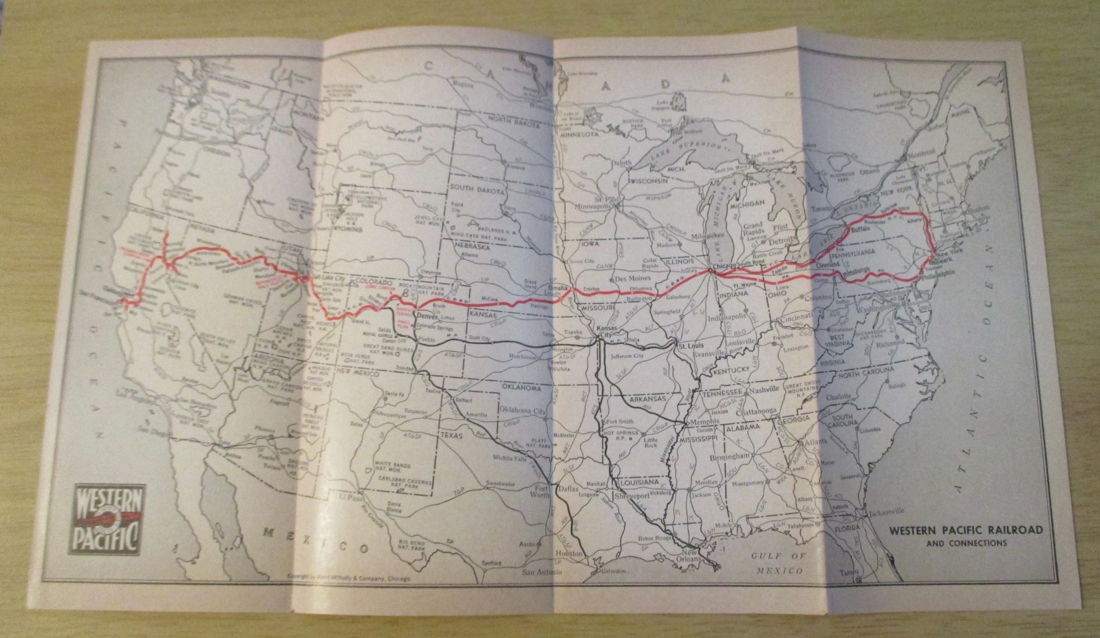VTG 1950 WESTERN PACIFIC RAILROAD ‘Feather River Route’ MAP~Schedule/Connections