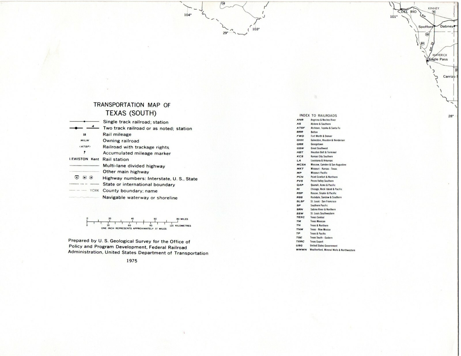 Vintage 1975 Texas(South) Transportation Map●Fed’l Railroad Adminstrat’n●11″x17″