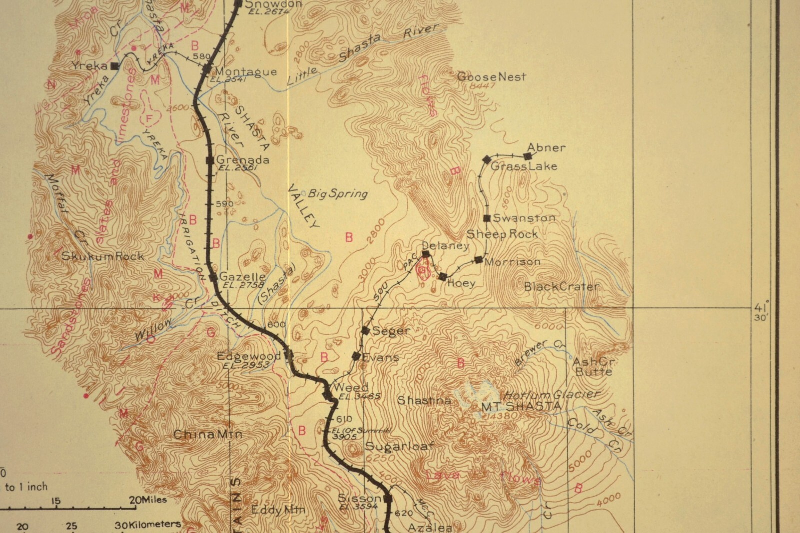 1915 Southern Pacific Railroad Map Mt Shasta Route Weed California Geological