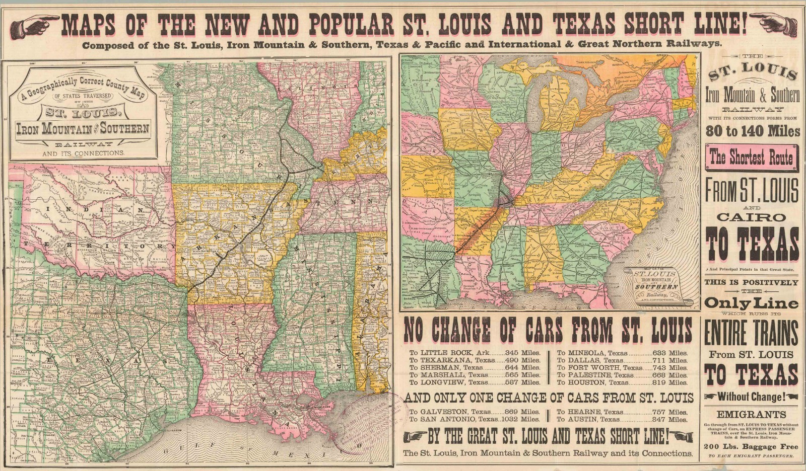Colorful 1878 Railroad Map, Texas St. Louis, Iron Mountain and Southern Railway